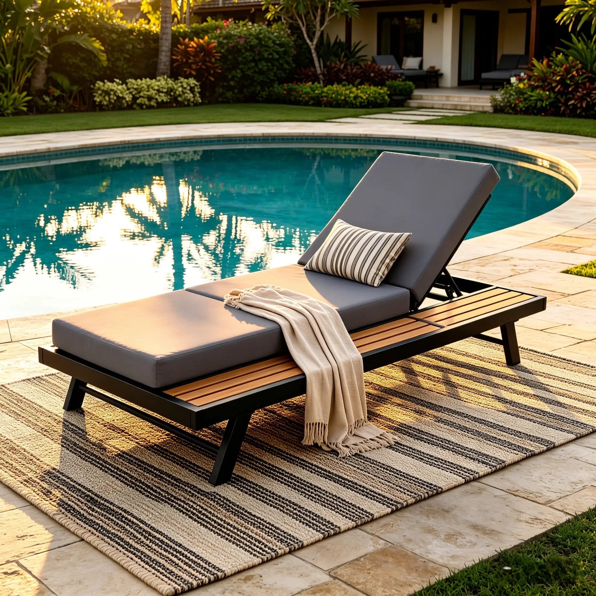 Black Iron + Teak Finish Chaise Lounge Set by HouseOfZazla