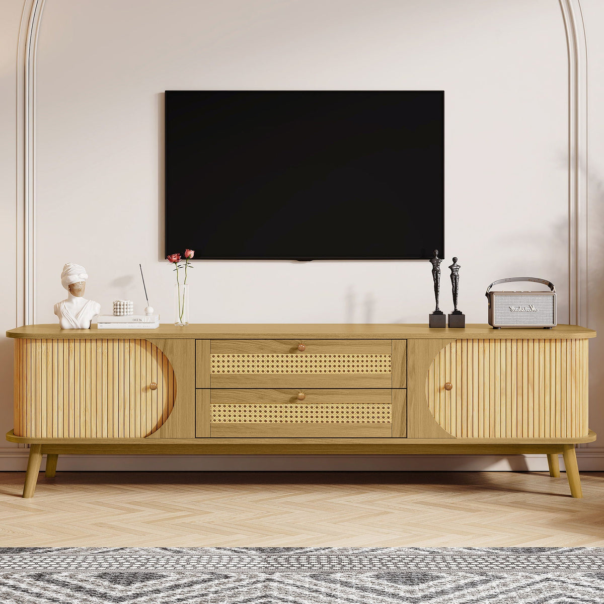Rattan TV Stand for TVs up to 75" with Solid Wood Construction - Natural Wood, photo 16 of 19
