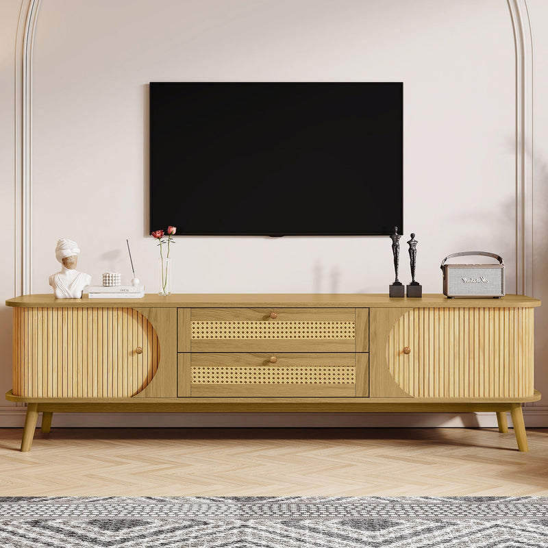 Rattan TV Stand for TVs up to 75" with Solid Wood Construction - Natural Wood, photo 16 of 19