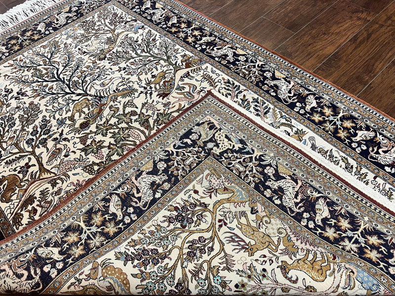 Persian Qum Tree of Life Rug 5x7, Wool and Silk Highlights, Animal Motifs, Vintage Hand Knotted Handmade Cream & Black Fine Oriental Carpet by Jewel Rugs
