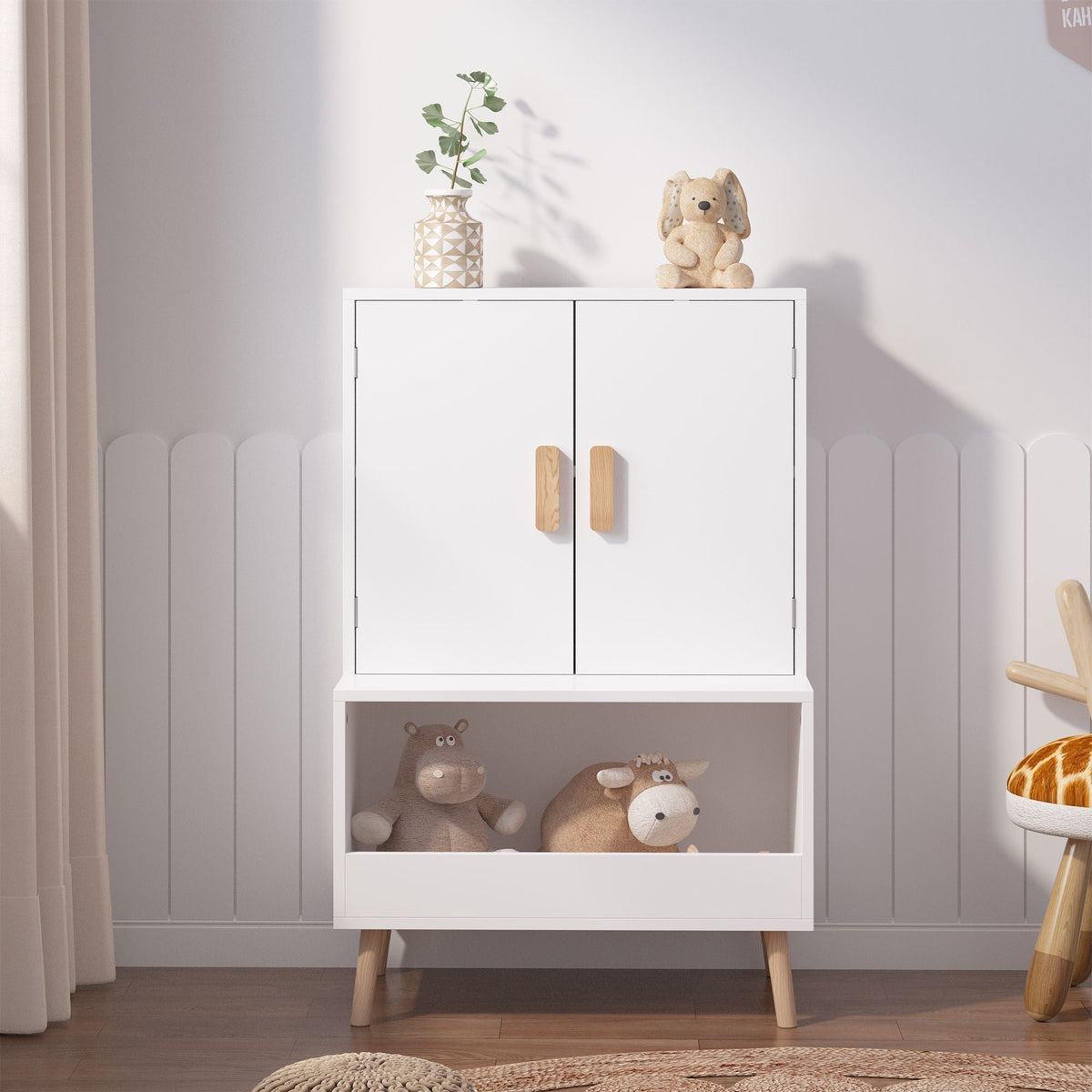 Toy Storage Cabinet with Doors and Open Shelf - White Wood Kids Bookcase, photo 4 of 4