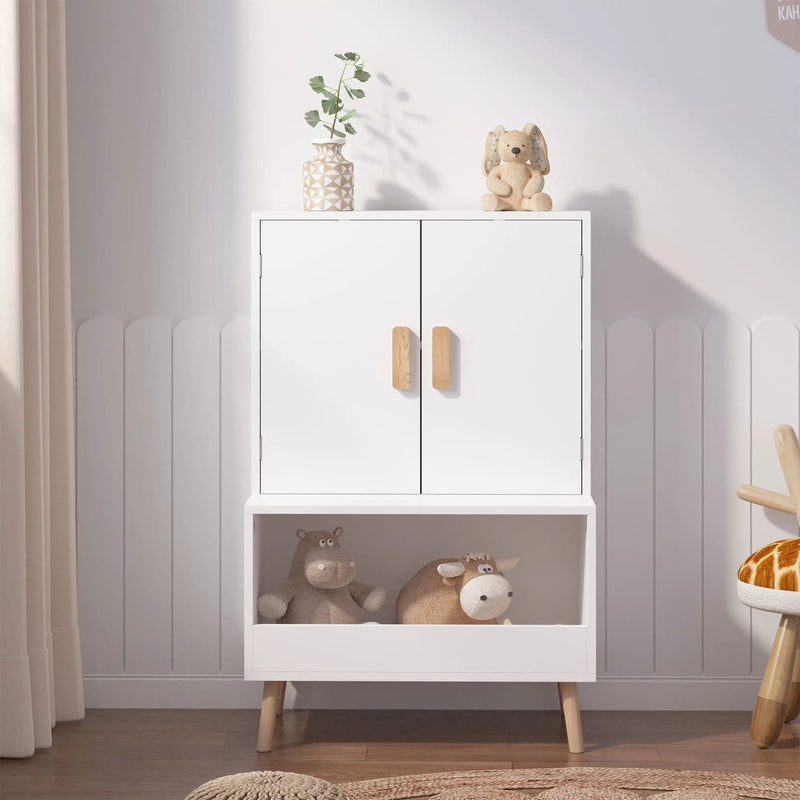 Toy Storage Cabinet With Doors And Open Shelf, Toddler Bookshelf For Playroom - White by HouseOfZazla