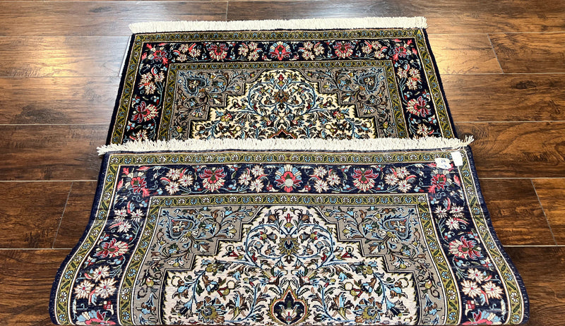 Persian Qum Rug 3x5, Wool with Silk Highlights, Handmade Semi Antique Carpet, Ivory & Navy Blue, Floral Medallion, Finely Hand Knotted by Jewel Rugs