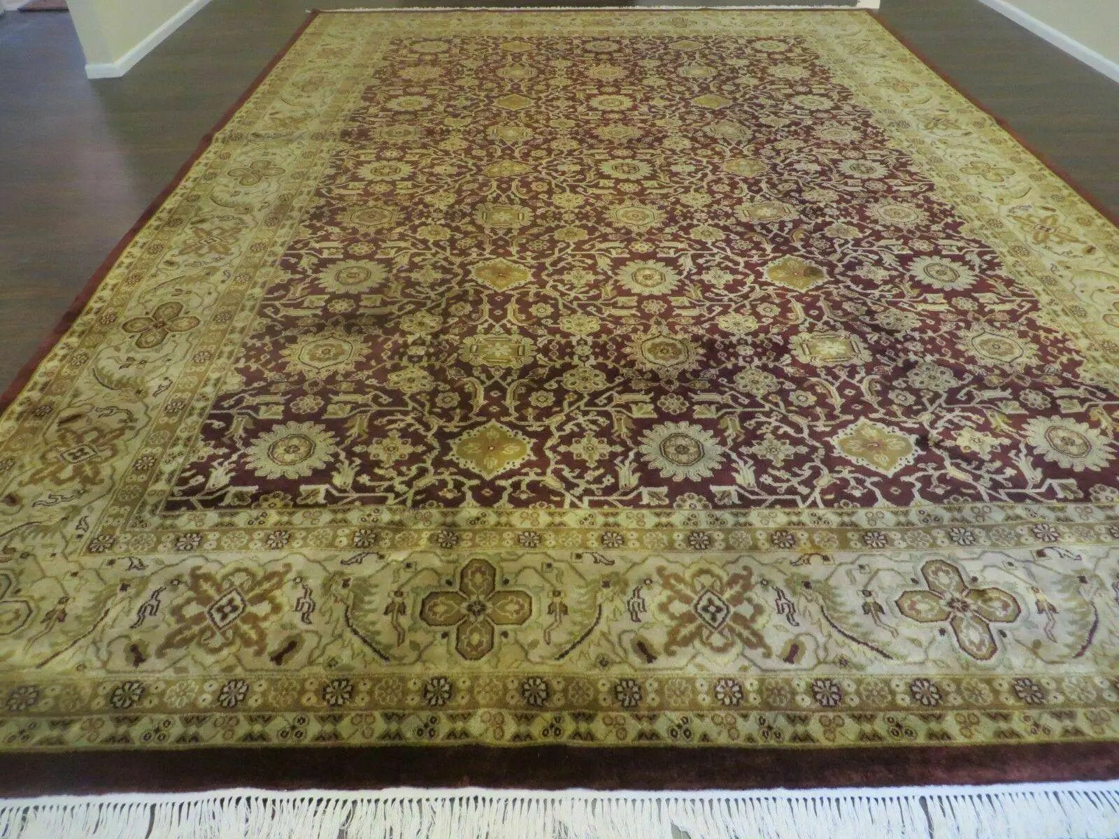 Indian Agra Rug 10x14 Vintage Handmade Larastan Wool Carpet Maroon Floral by Jewel Rugs