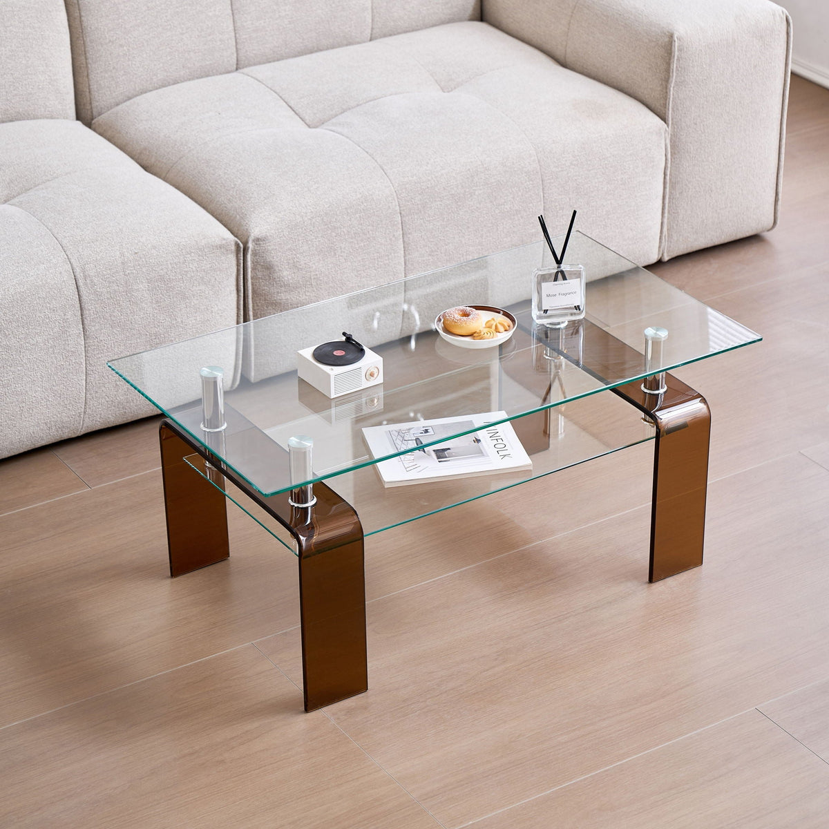 Modern Tempered Glass Coffee Table With 2 Tier Storage For Living Room, photo 12 of 13