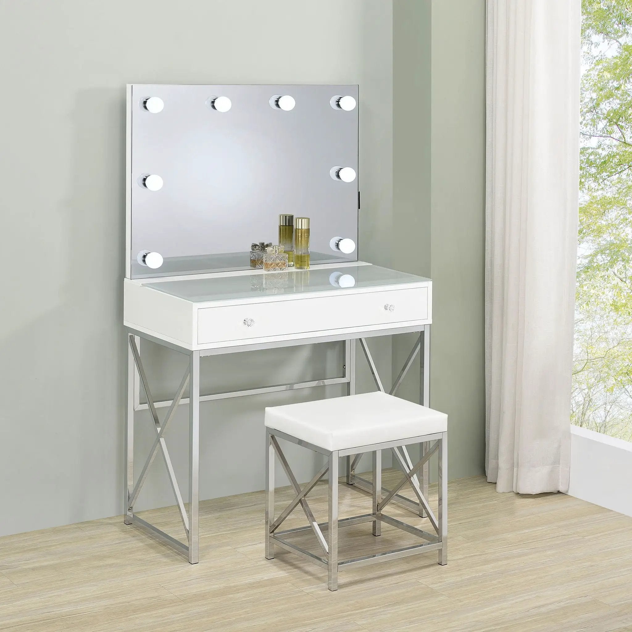 Eliza Vanity Set with Lighting & Stool White and Chrome by Unique Piece Furniture
