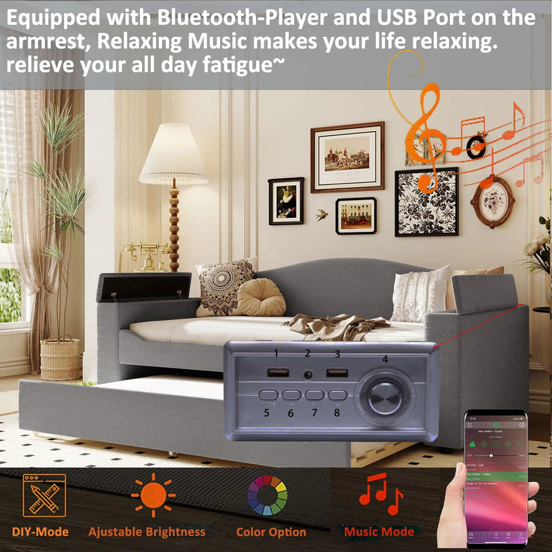 Upholstered Daybed With Storage Armrests, Trundle And Latest Integrated tooth Audio System by Unique Piece Furniture