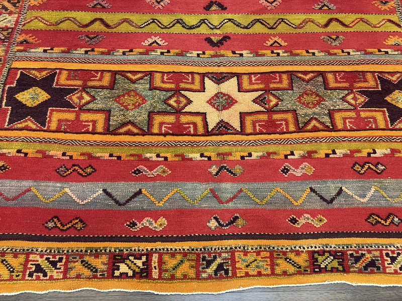 Unique Moroccan Rug 7x10, Room Sized Carpet, Red Orange Gray, Wool Oriental Striped Geometric Tribal Boho Rug, Flatweave with Raised Pile by Jewel Rugs