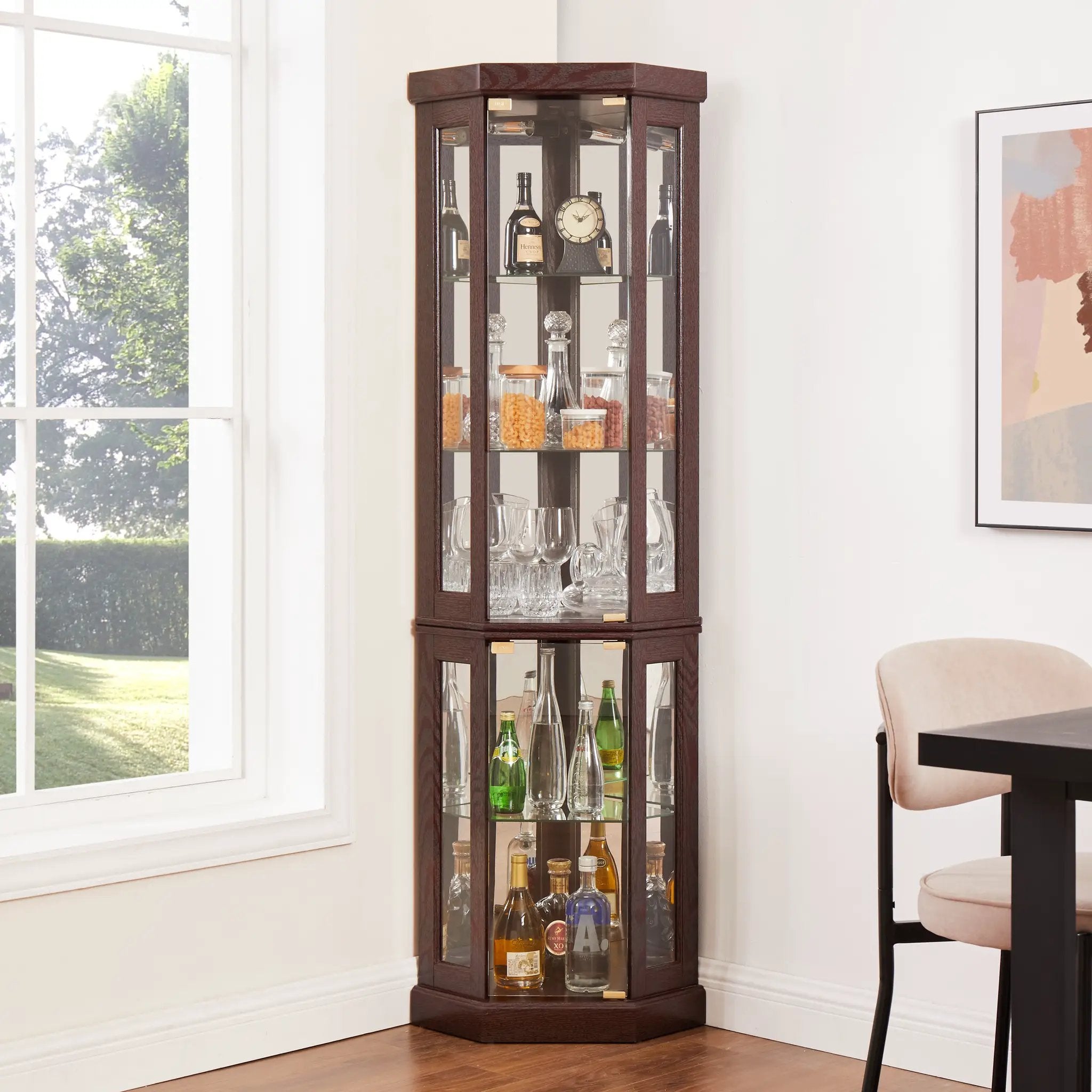 Corner Glass Cabinet Lighted Curio Cabinet in Dark Cherry by HouseOfZazla