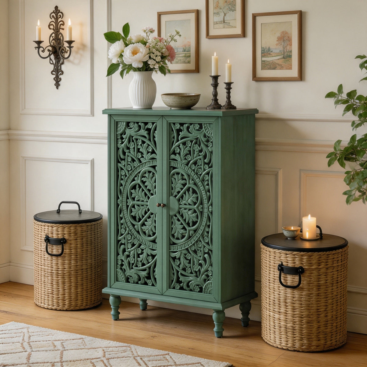 Tall Accent Cabinet with Doors & Storage, Farmhouse Hollow Carved Double Door Display Cabinet with Adjustable Shelf & Turned Legs, Freestanding Decorative Cabinet for Entryway Living Room, photo 3 of 10