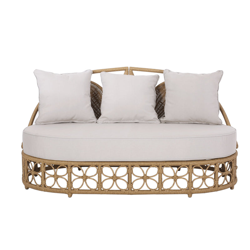 Outdoor Wicker Daybed with Pillows - Light Brown and Beige