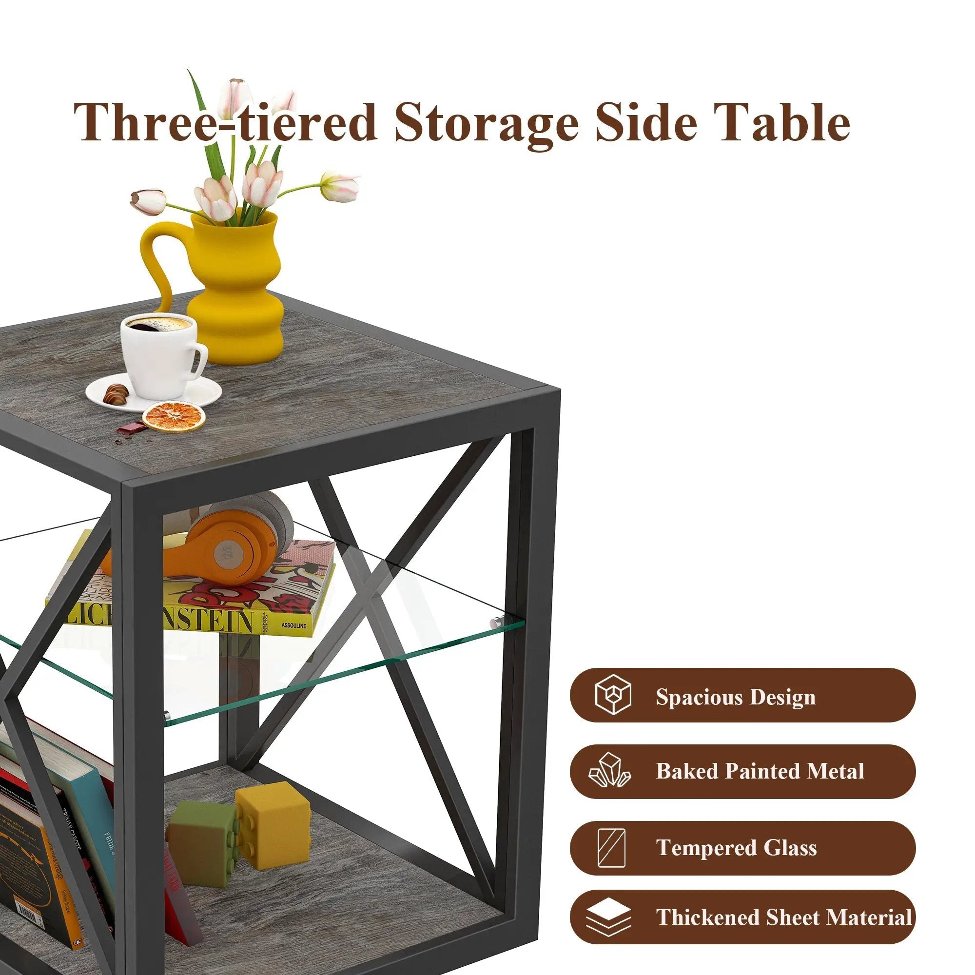 Modern End Table Nightstand with Tempered Glass & Wood Grain MDF by HouseOfZazla