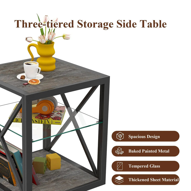 Modern End Table Nightstand with Tempered Glass & Wood Grain MDF by HouseOfZazla