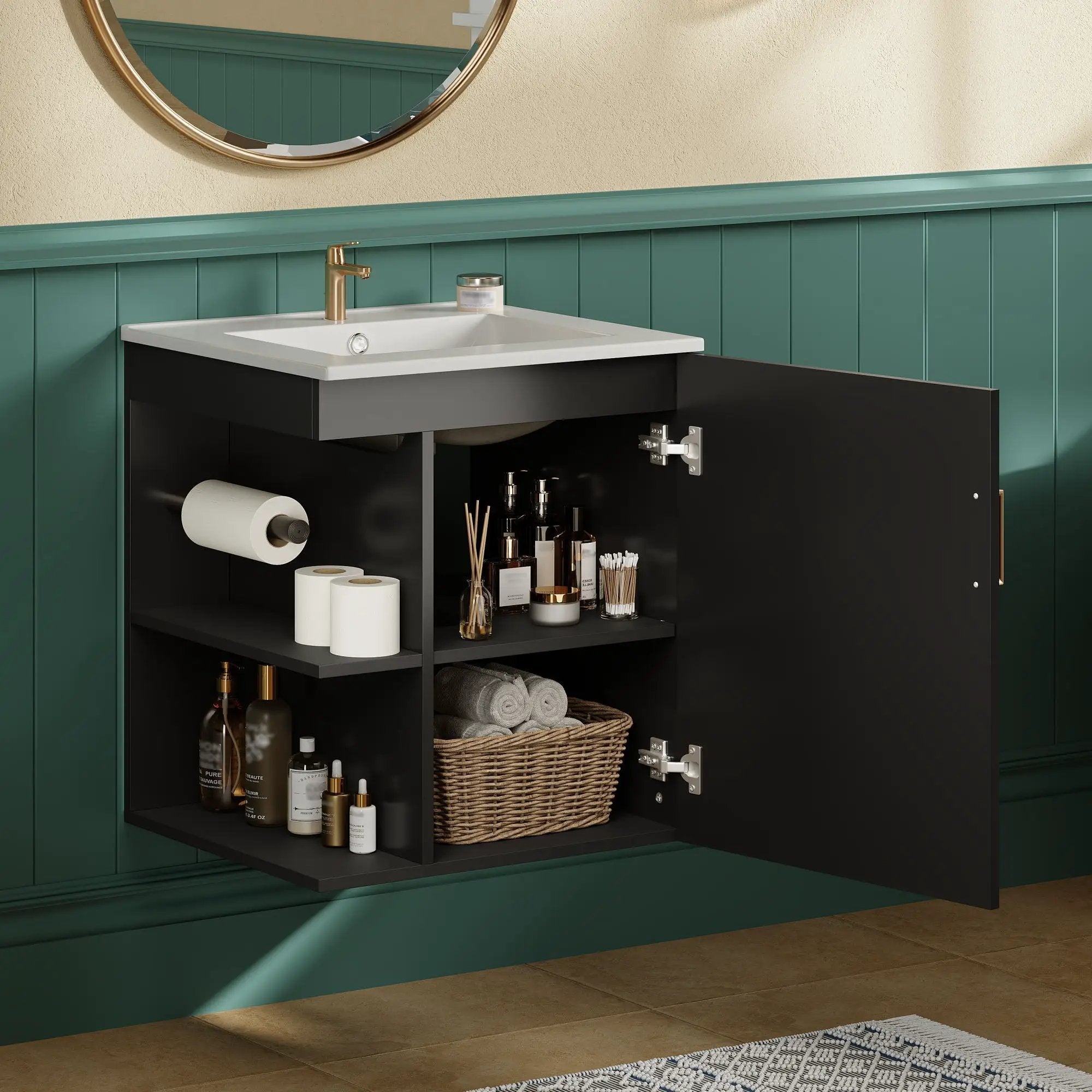 Modern Wall Mounted Bathroom Cabinet With Side Shelf And Ceramic Sink by Unique Piece Furniture