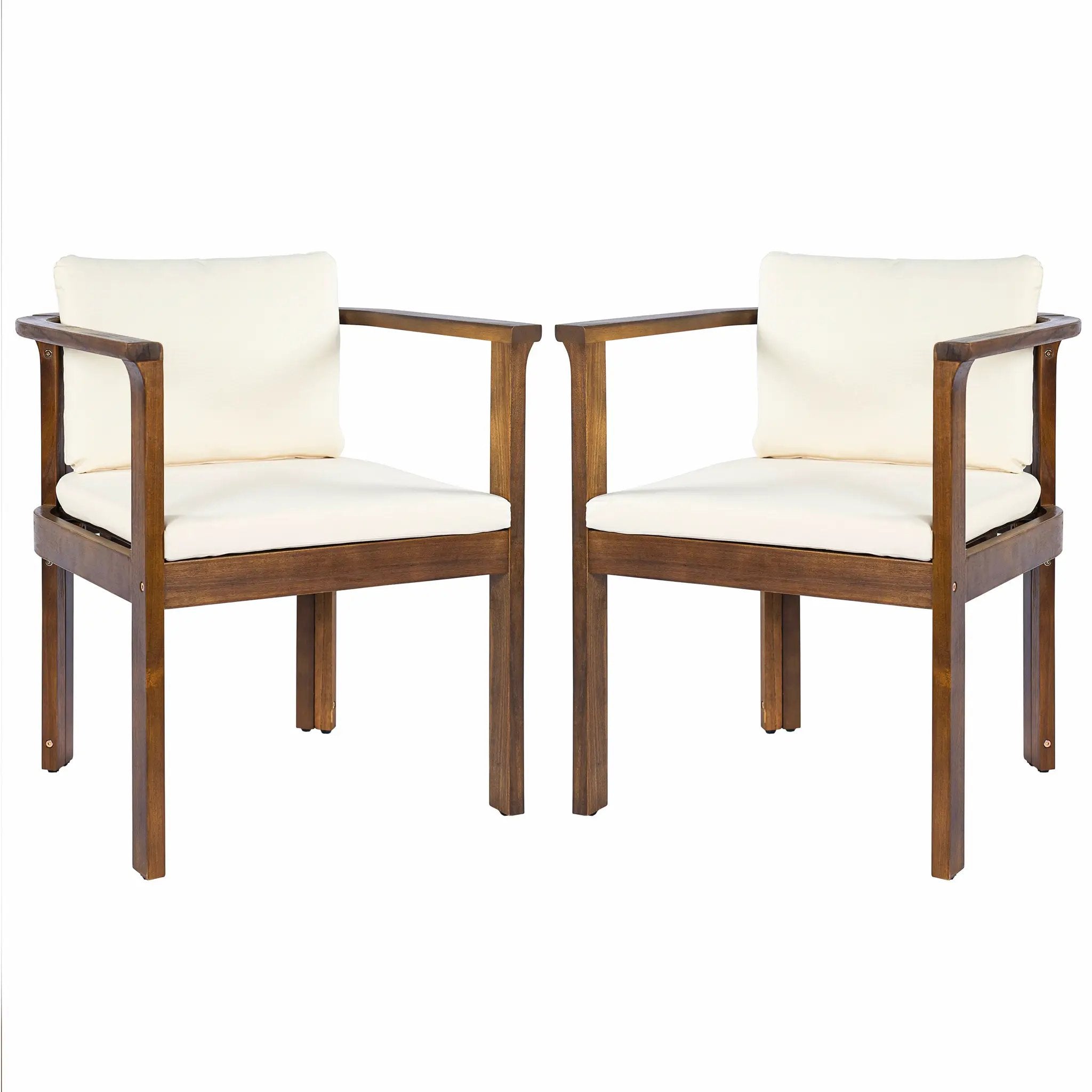 Outdoor Dining Chair Set of 2 with Curved Acacia Wood Arms, Brown Finish and Cream Cushions by HouseOfZazla