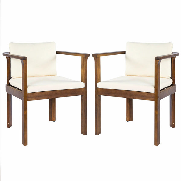 Outdoor Dining Chair Set of 2 with Curved Acacia Wood Arms, Brown Finish and Cream Cushions