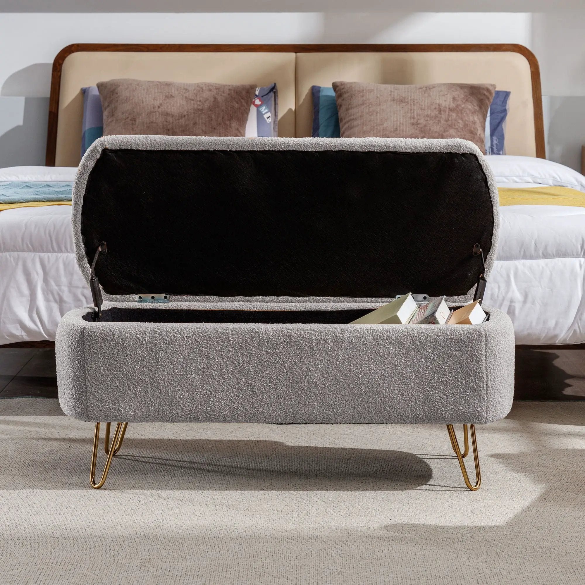 Storage Ottoman Bench For End Of Bed Legs, Modern Camel Faux Fur Entryway Bench Upholstered Padded With Storage For Living Room Bedroom by Unique Piece Furniture