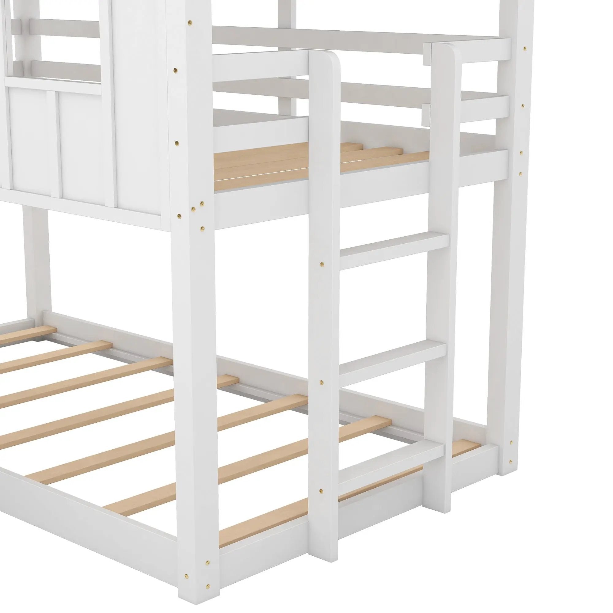 Twin Over Twin House Bunk Bed With Slide And Windows - White / Gray by Unique Piece Furniture