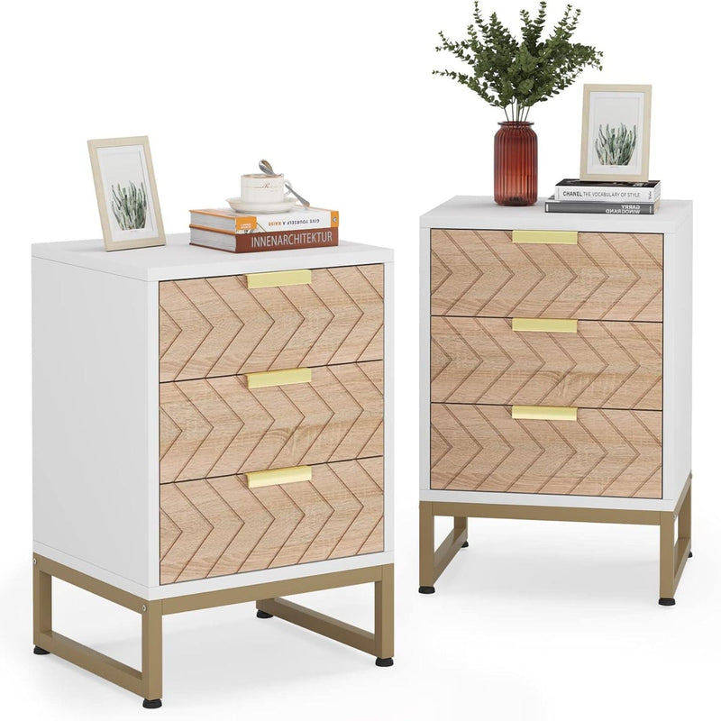 Nightstands With 3 Drawers, Zig Zag Design (Set of 2) - White / Oak by HouseOfZazla