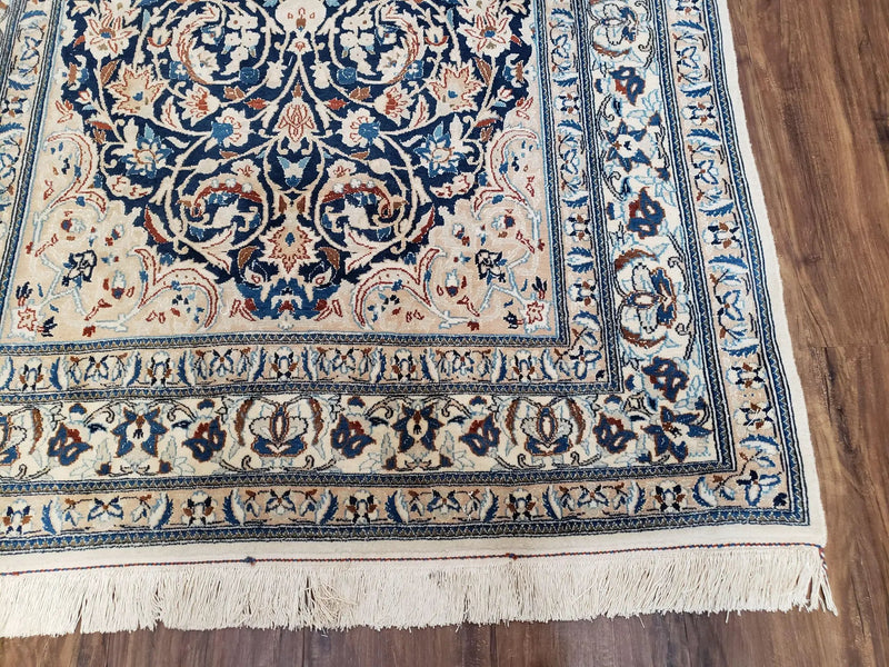 Persian Nain Rug 4x6, Ivory and Blue, Hand-Knotted, Wool & Silk by Jewel Rugs