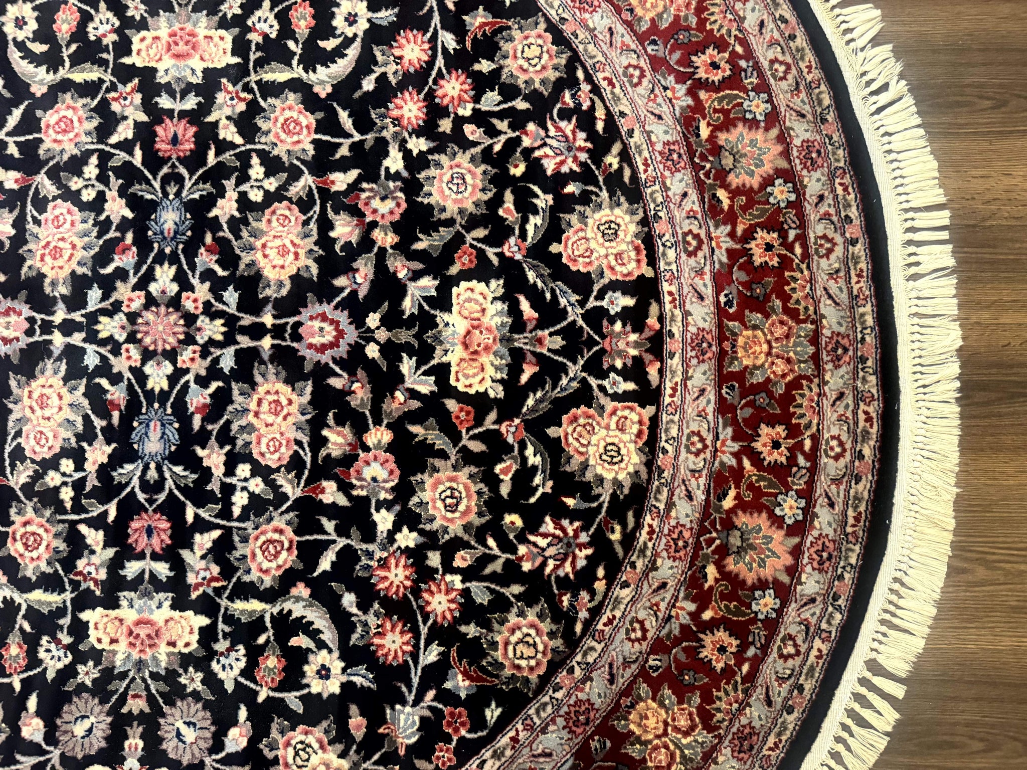 Round Sino Persian Rug 6x6, Floral, Navy Blue and Red, Wool and Silk Highlights by Jewel Rugs