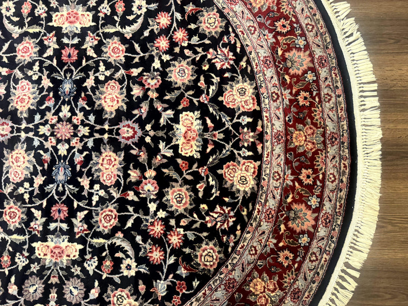 Round Sino Persian Rug 6x6, Floral, Navy Blue and Red, Wool and Silk Highlights by Jewel Rugs