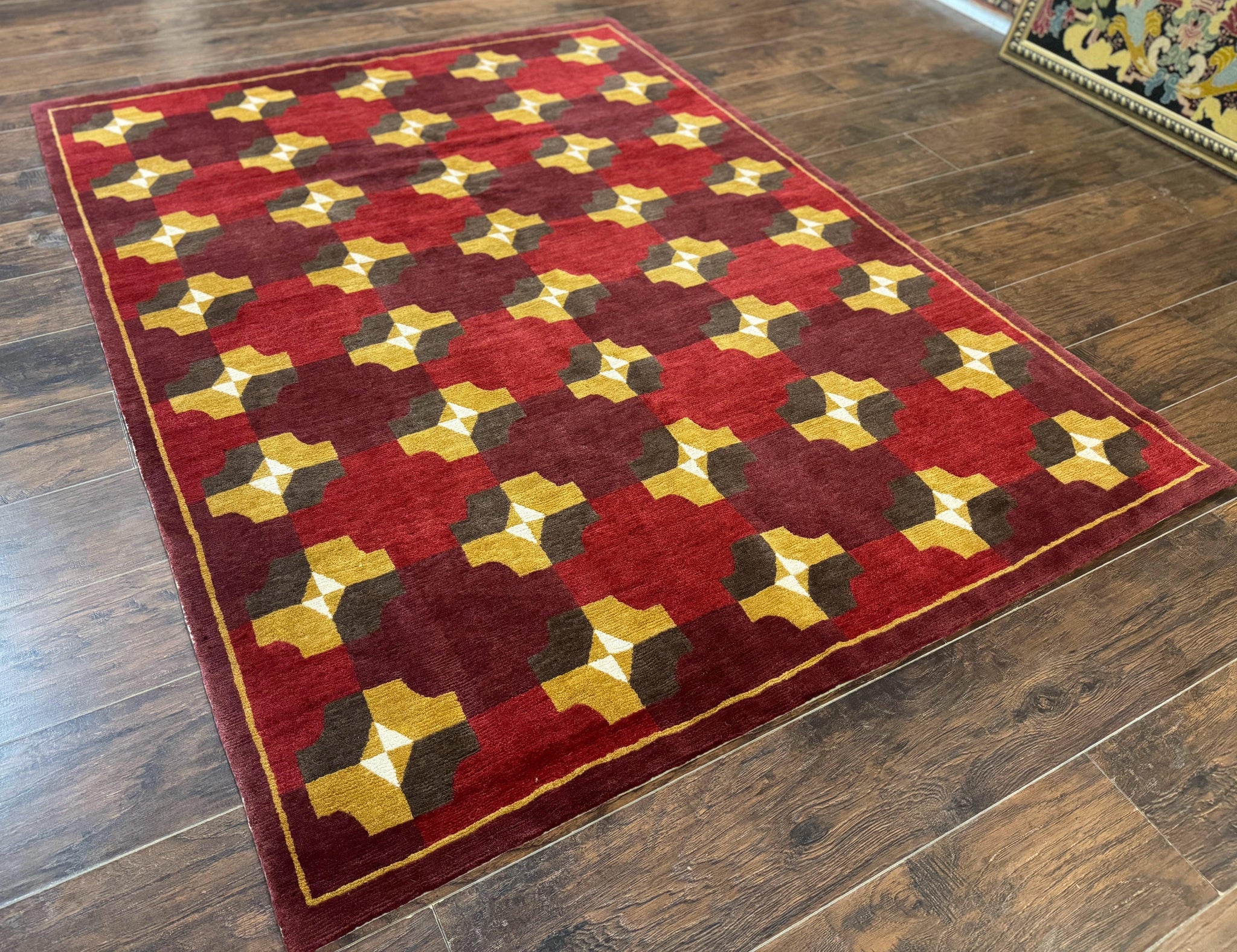 Modern Tibetan Rug 5 x 6.8, Wool, Red, Allover Pattern, Nepali Rug, Abstract Rug, Handmade Area Rug by Jewel Rugs