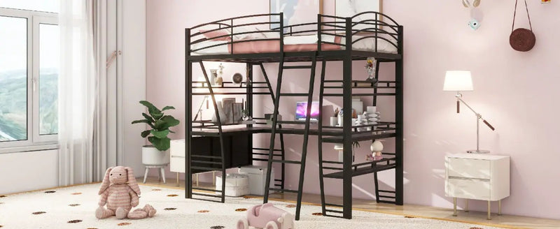 Loft Bed With 4 Layers Of Shelves And L-Shaped Desk, Stylish Metal Frame Bed With A Set Of Sockets, USB Ports And And Wireless Charging by HouseOfZazla