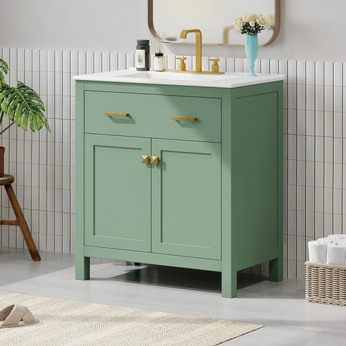 Bathroom Vanity With Ceramic Sink, Modern Single Bathroom Cabinet With 2 Doors And A Shelf, Soft Close Doors by Unique Piece Furniture