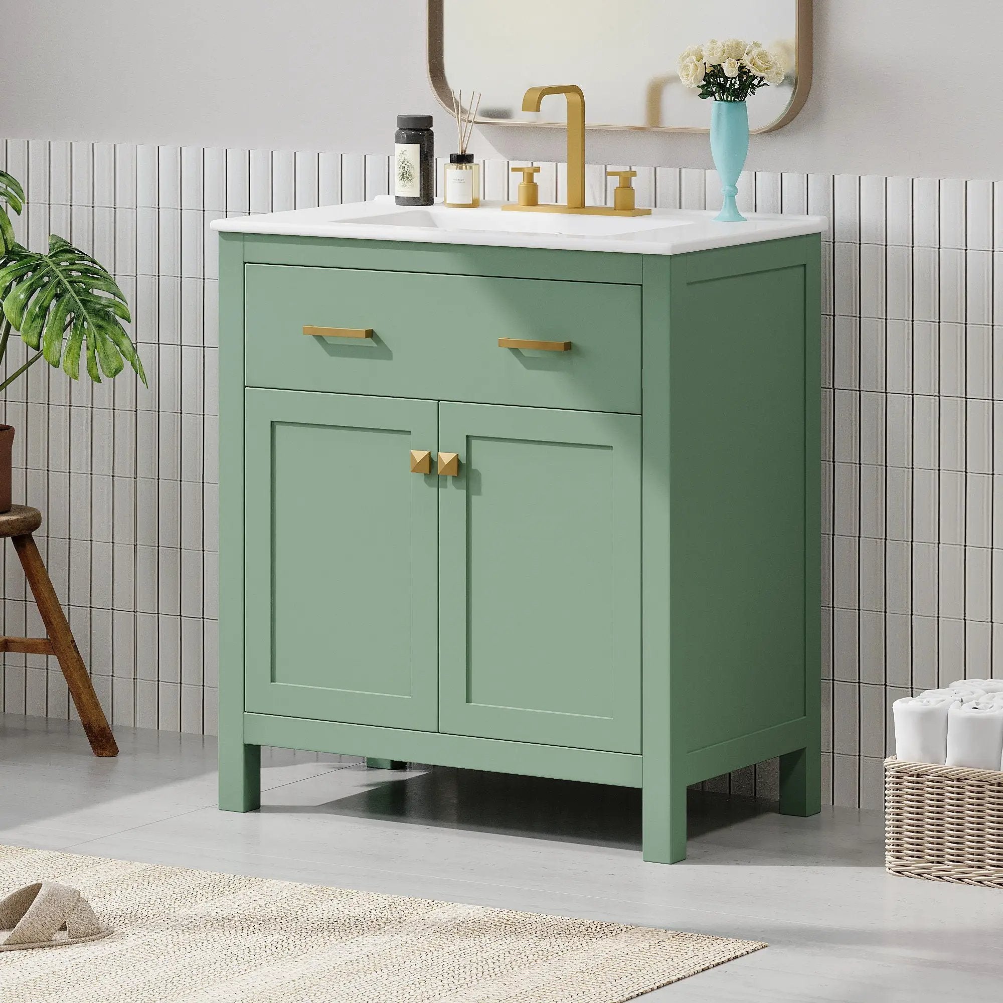 Bathroom Vanity With Ceramic Sink, Modern Single Bathroom Cabinet With 2 Doors And A Shelf, Soft Close Doors by Unique Piece Furniture