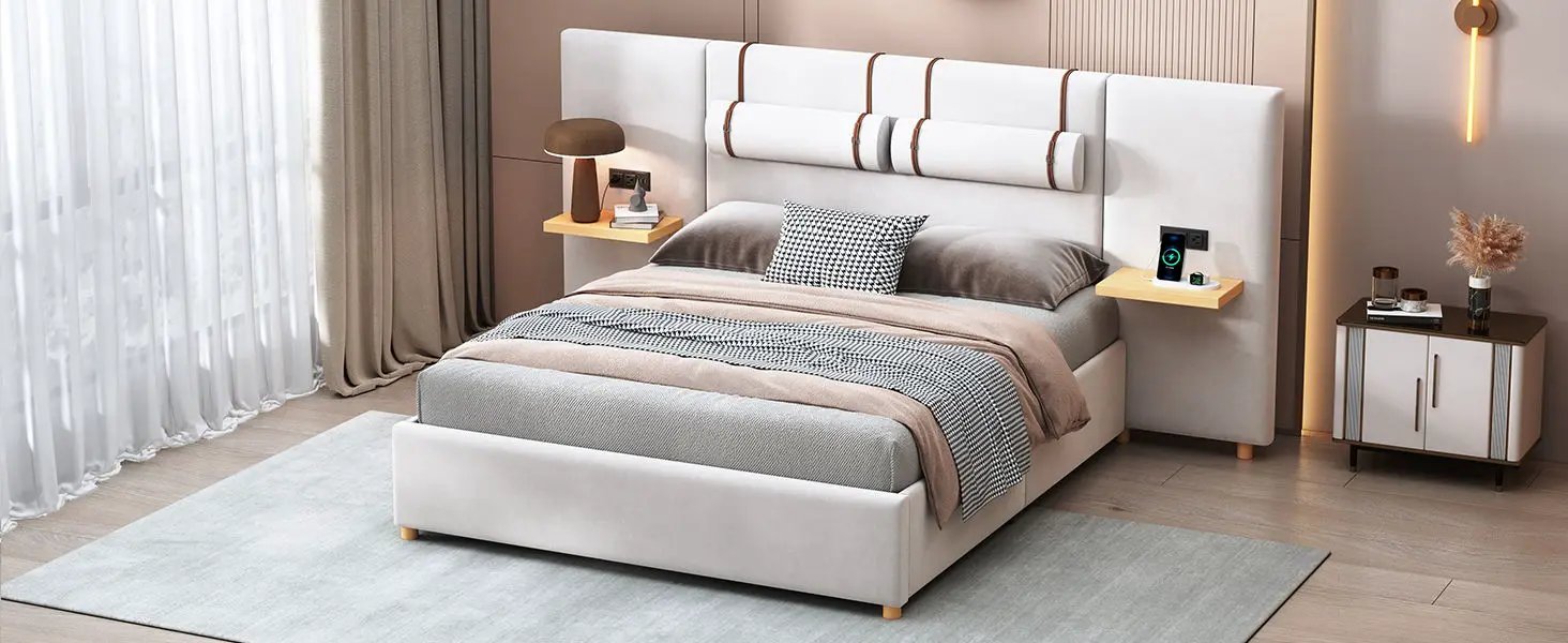 Upholstered Platform Bed, 2 Outlets And USB Charging Ports On Both Sides, 2 Bedside Pillows, Storage Shelves by HouseOfZazla