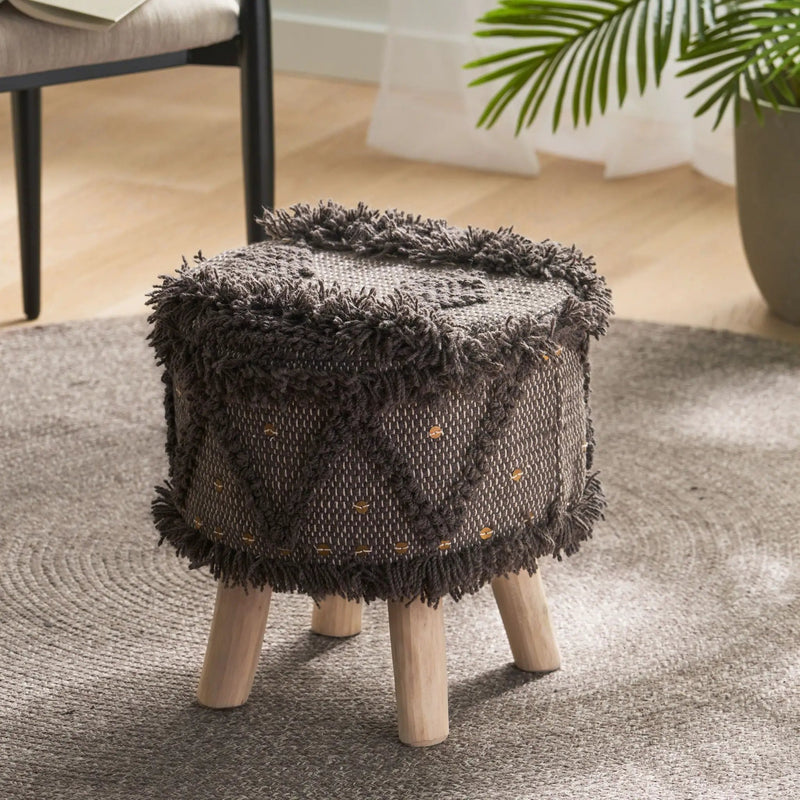 Roja Handcrafted Wool & Cotton Foot Stool with Eucalyptus Wood Frame - Dark Brown by HouseOfZazla