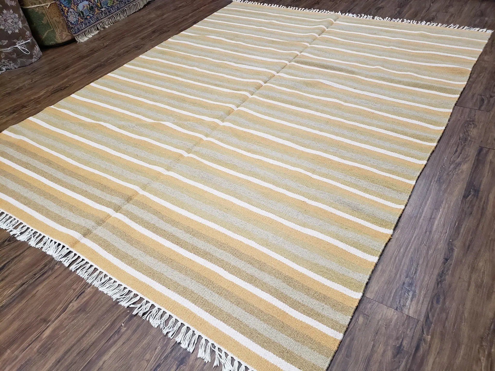 New Indian Kilim Area Rug, 6x8 - 7x8 South American Style Blanket, Striped Indian Wool Hand-Woven Flat Weave 6x9 Bedroom Rug, Ivory Ochre by Jewel Rugs