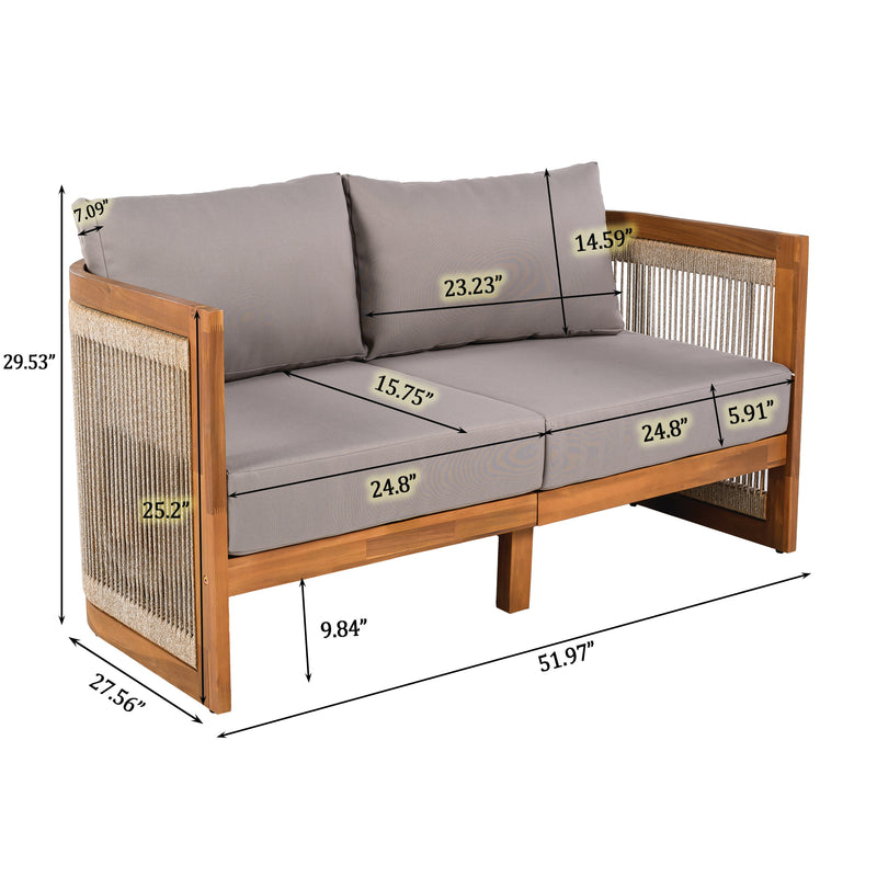4-Piece Patio Seating Group w/ 2 Chairs, Loveseat & Table Premium Acacia Wood Outdoor Furniture Set,  Curved Tub Design with Woven Rope Accents, Water-Resistant Cushions, All-Weather Slat Construction, photo 10 of 10
