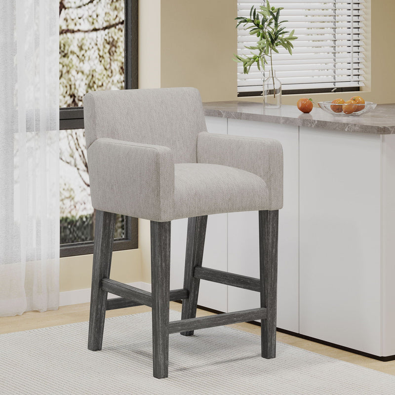 Charmed Upholstered Counter Stool with H-Frame Base and Round Arms by HouseOfZazla