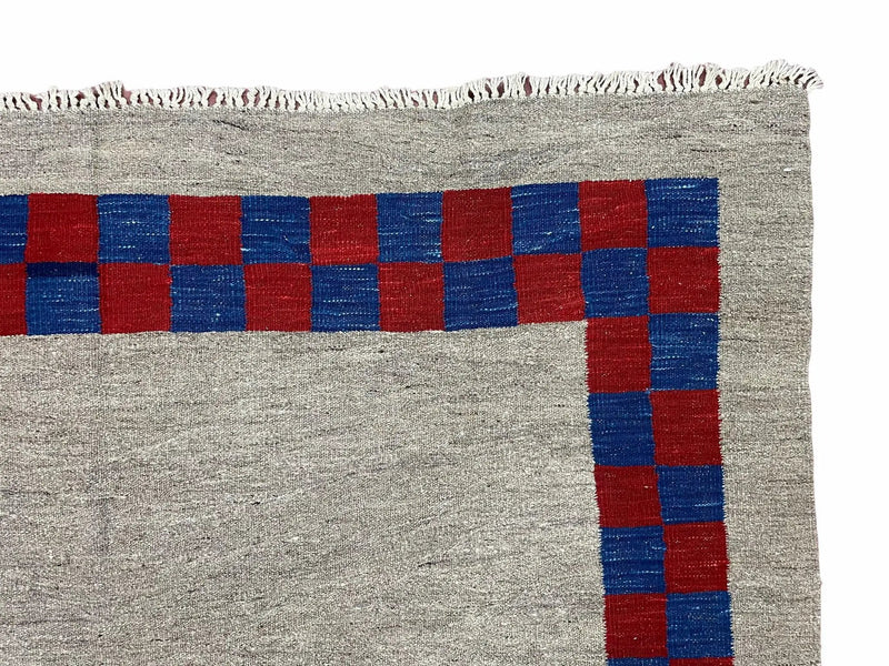 5' 7" x 7' 9" Geometric Kilim Carpet, Gray, Handmade, Hand-Knotted Area Rug, Blue & Red, Flatweave, Wool, New, Checkerboard Pattern by Jewel Rugs