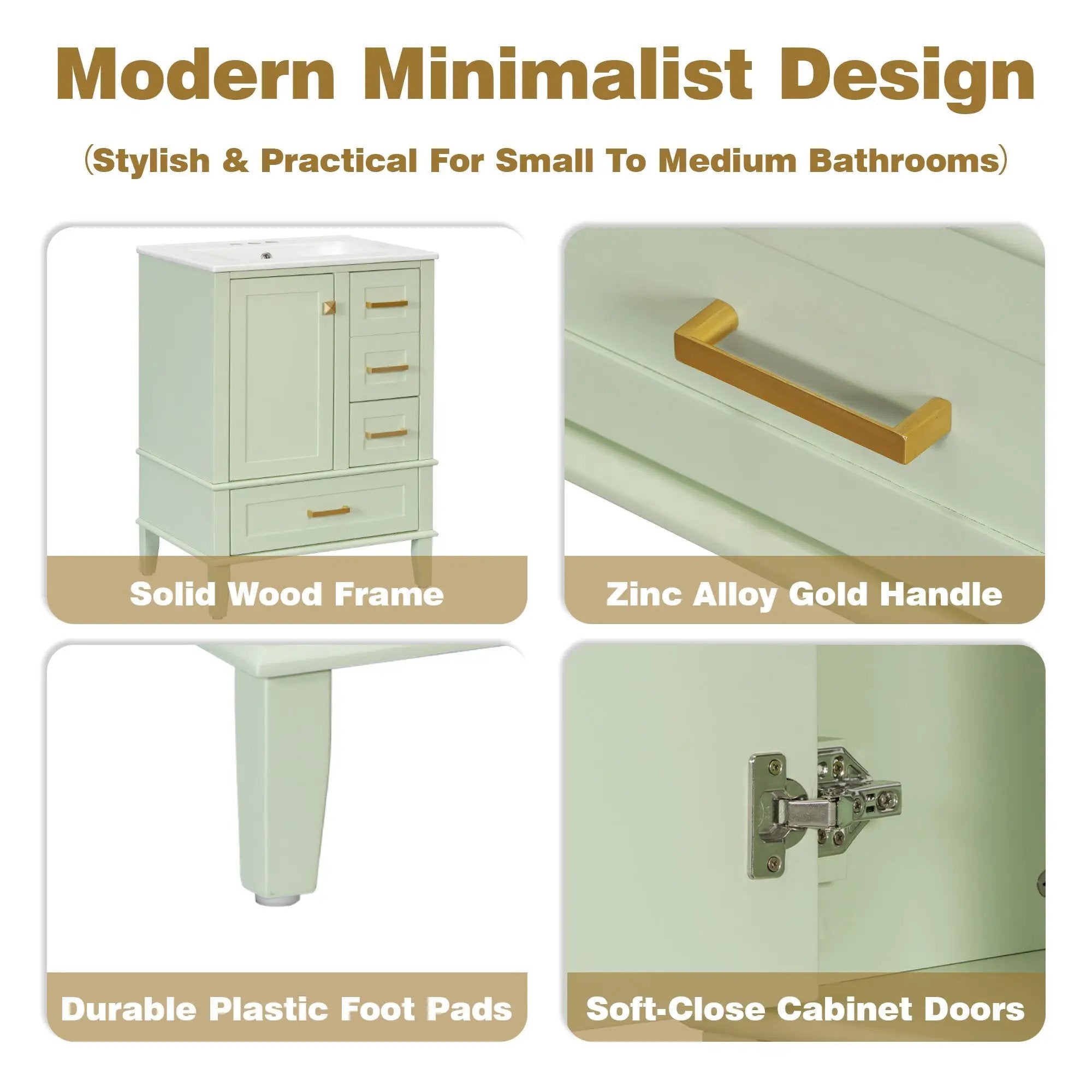 24.8" Bathroom Vanity with Ceramic Sink, Modern Freestanding Cabinet by HouseOfZazla
