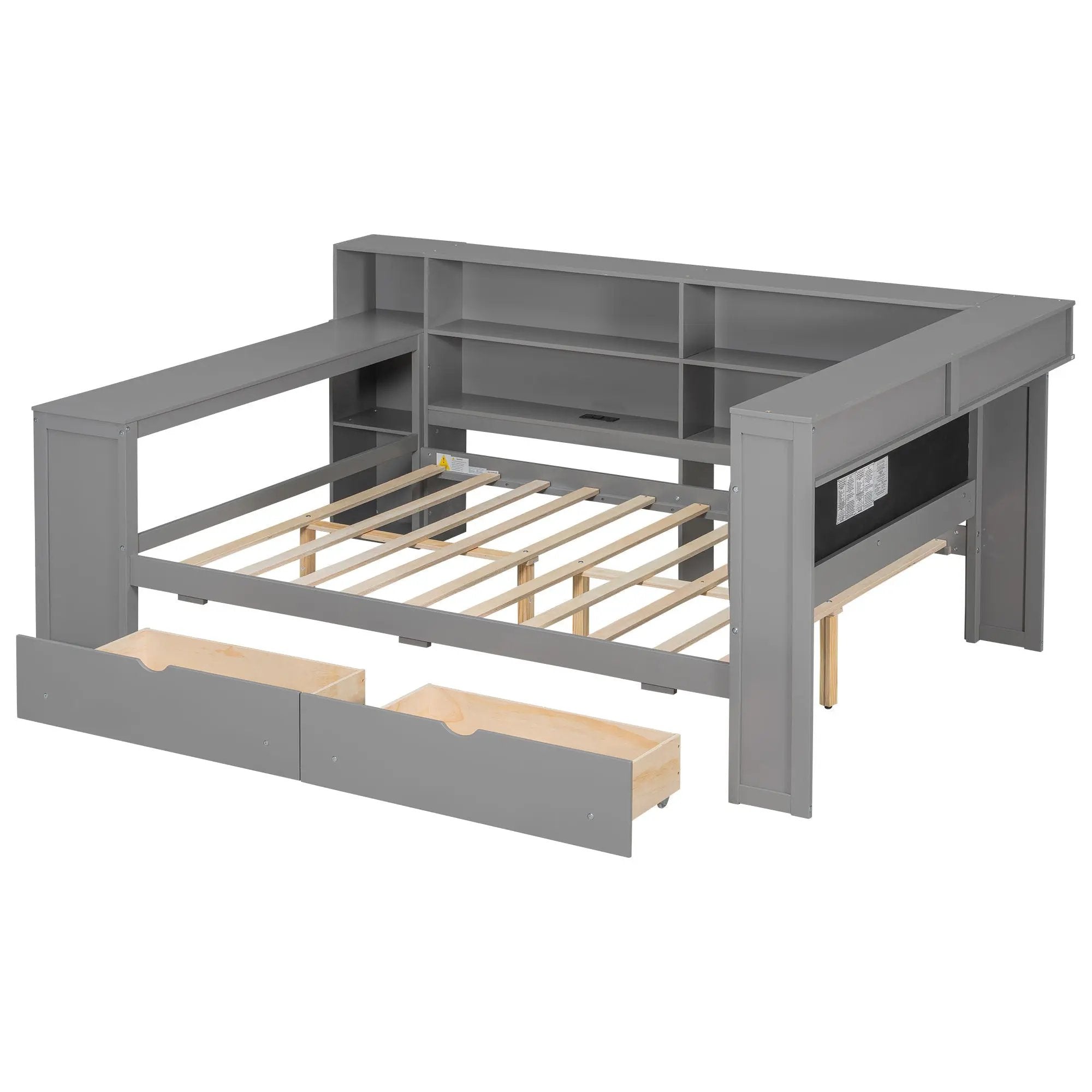 Platform Bed With Upholstered Headboard, Storage Shelves, Drawers, Charging Station, LED Lighting, Built In Desk by HouseOfZazla