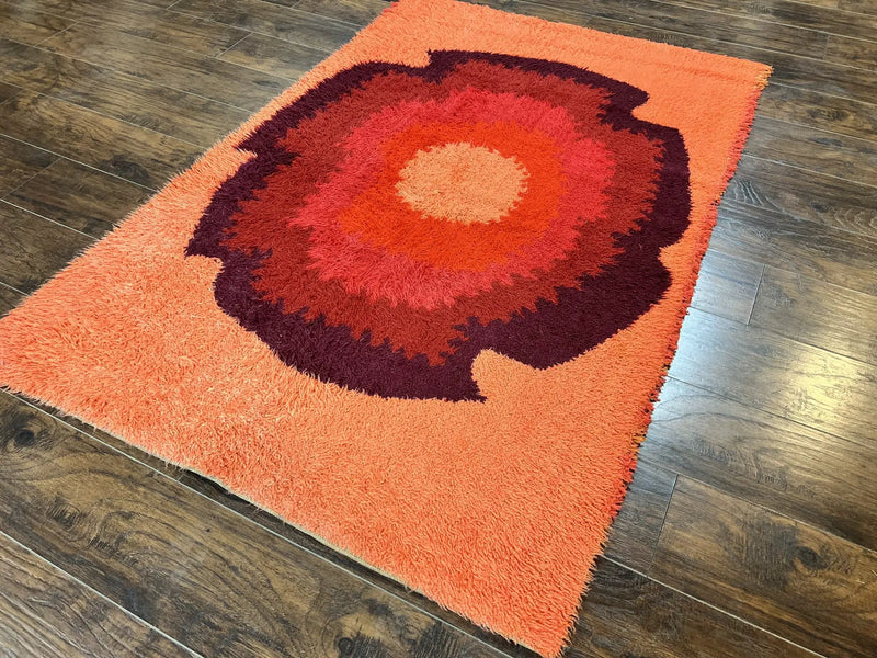 Danish Rya Shag Rug 4x6, Mid Century 1960s Retro Vintage Wool Rug, Shades of Red by Jewel Rugs