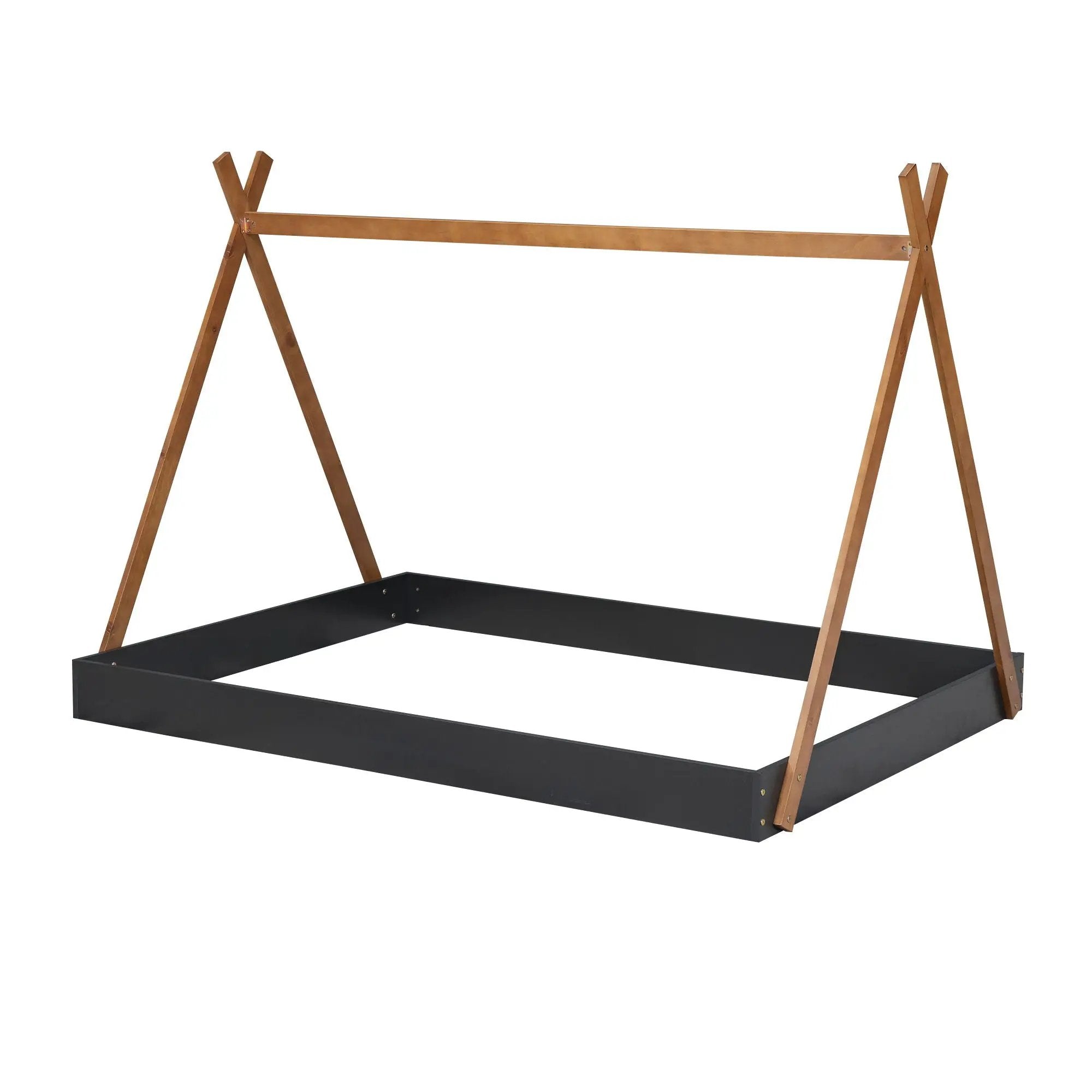 Full Size Tent Floor Bed With Triangle Structure, Low Profile Design - Black / Brown by HouseOfZazla