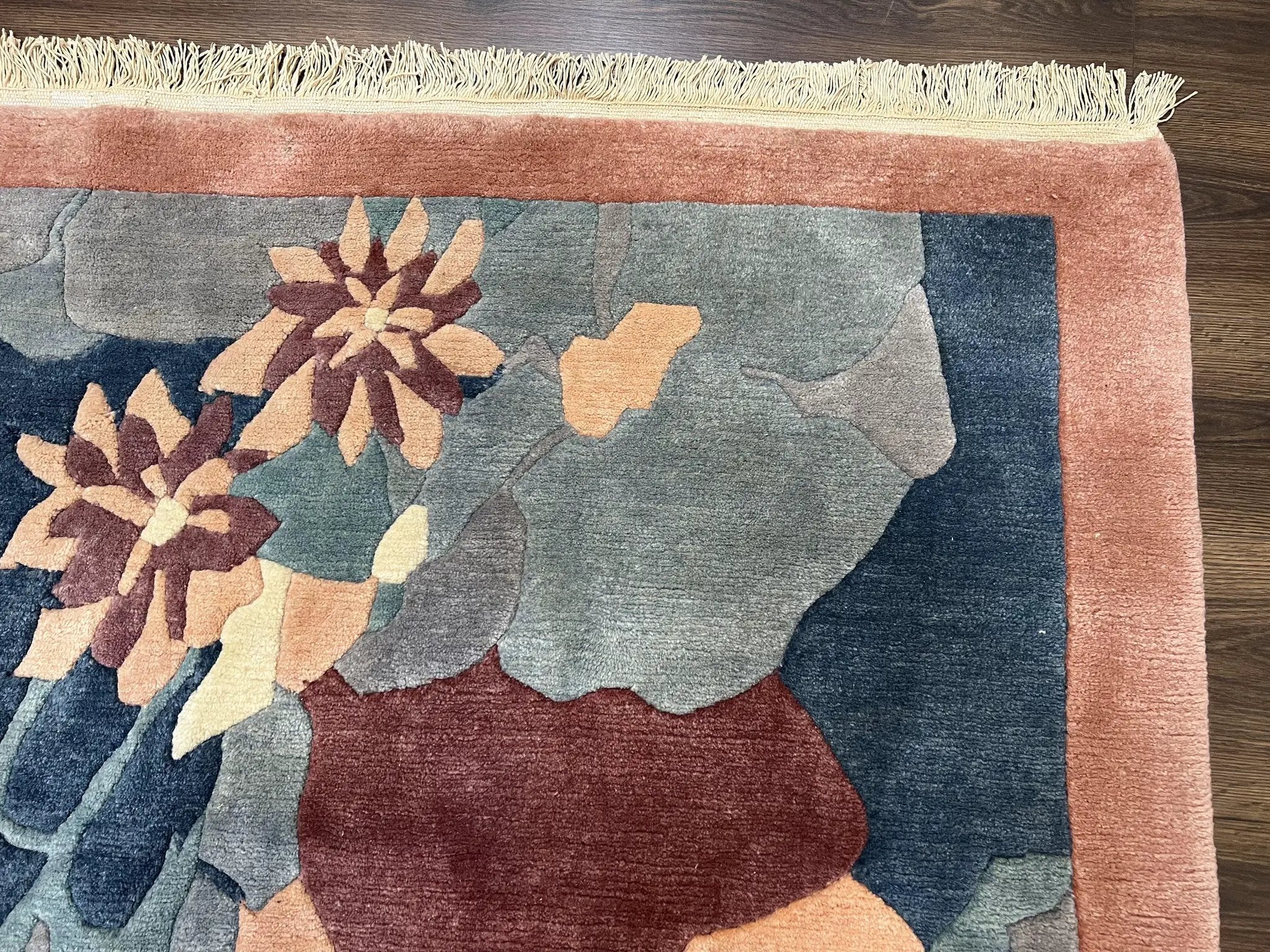 Modern Tibetan Rug 5.7 x 7.9, Abstract Multicolor Flower Pattern, Navy Blue Maroon Salmon, Soft Wool, Hand Knotted Contemporary Carpet 6x8 by Jewel Rugs