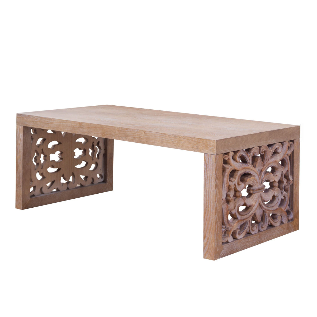 Rustic Carved Wood Coffee Table, Handcrafted Look With Ornate Side Panels, photo 8 of 14