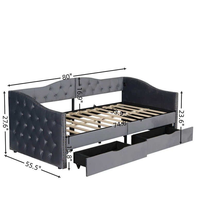 Full Size Bed Frame, Upholstered Cloud Bed Frame With Headboard, 2 Storage Drawers And 2 USB Charging Design, No Box Spring Needed - Gray by Unique Piece Furniture