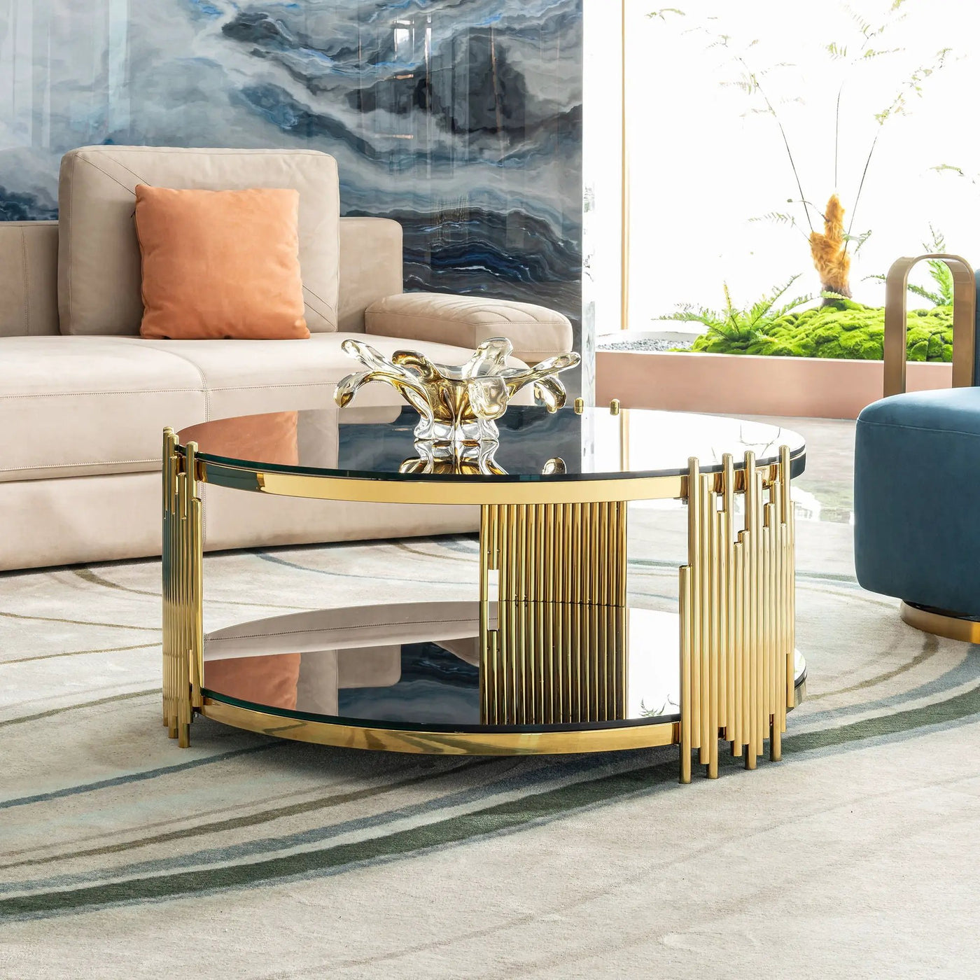Elegant Round Table With Double Layer Tempered Glass Top And Stainless Steel Frame For Living Room by Unique Piece Furniture