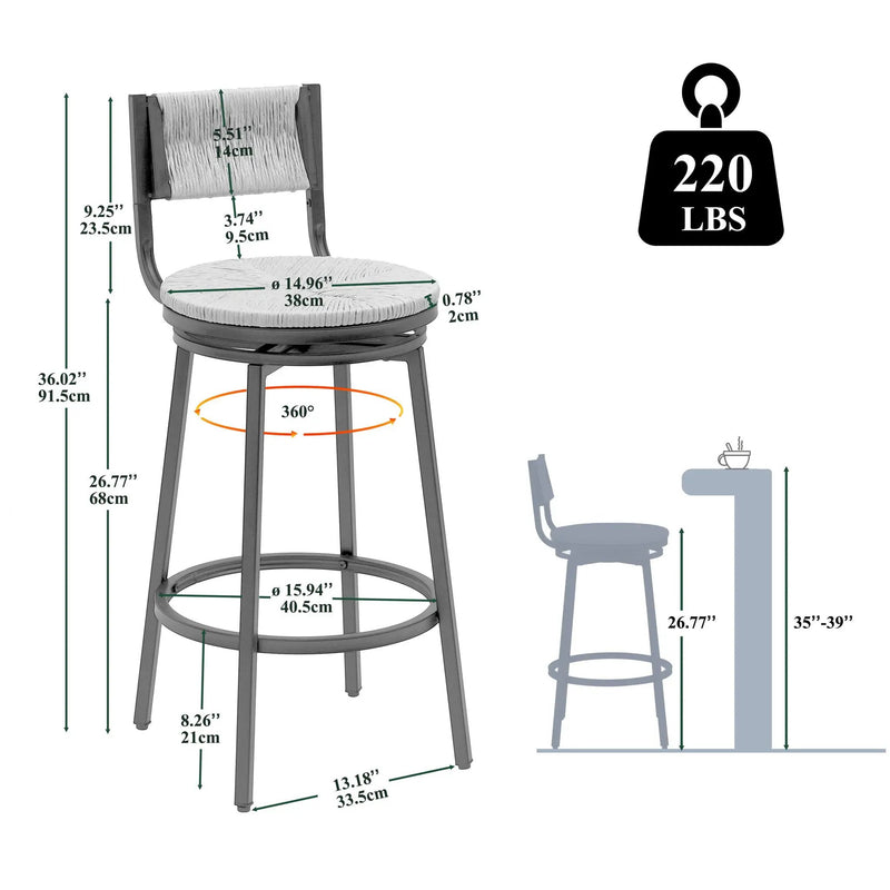 Bar Stools Swivel Counter Chairs With Metal Frame Hand Woven Paper Rope Dining Barstools For Kitchen Counter (Set of 2) by Unique Piece Furniture