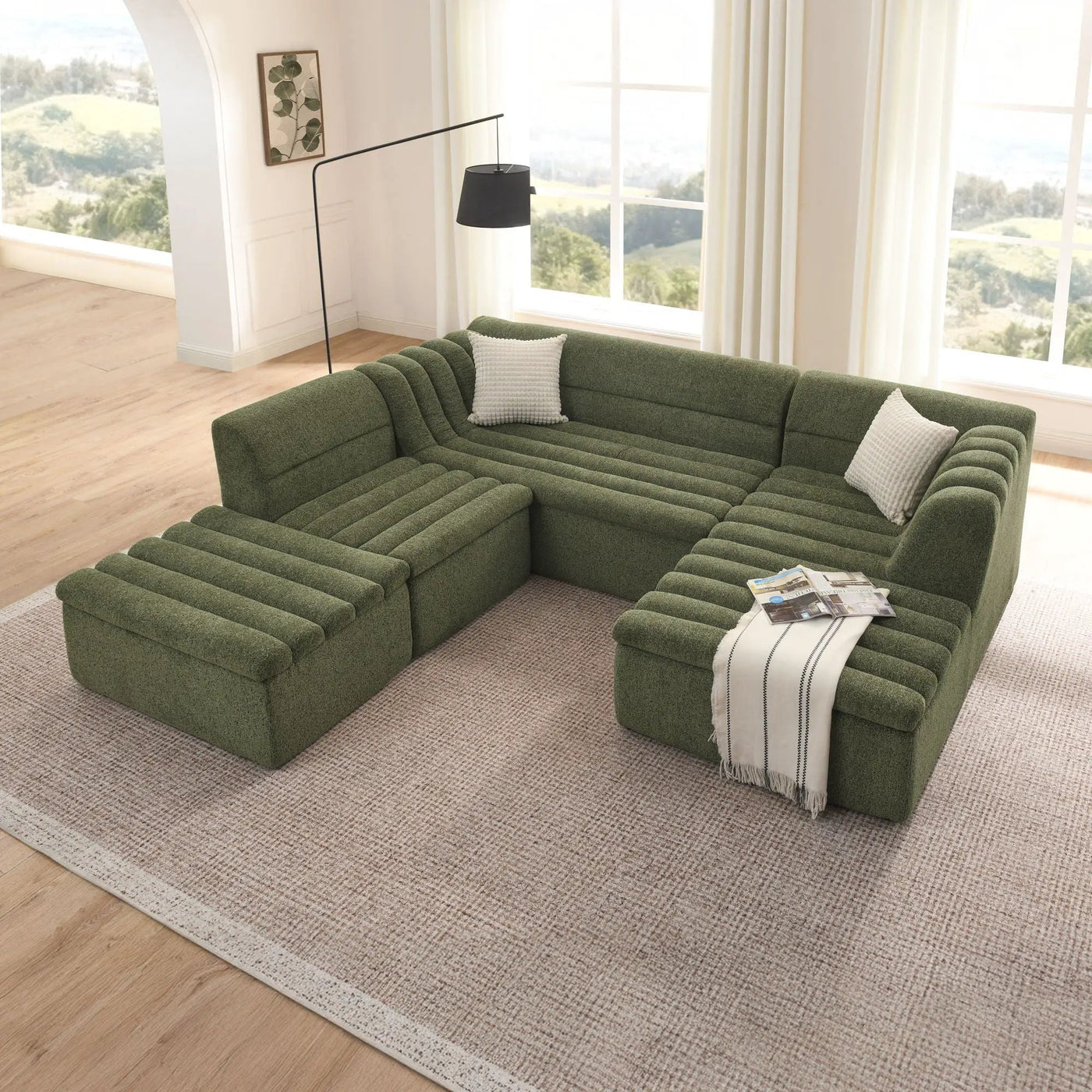 U-Shaped Modular Sectional Sofa With Chaise And Movable Ottoman With Wave-Shaped Armrest by HouseOfZazla