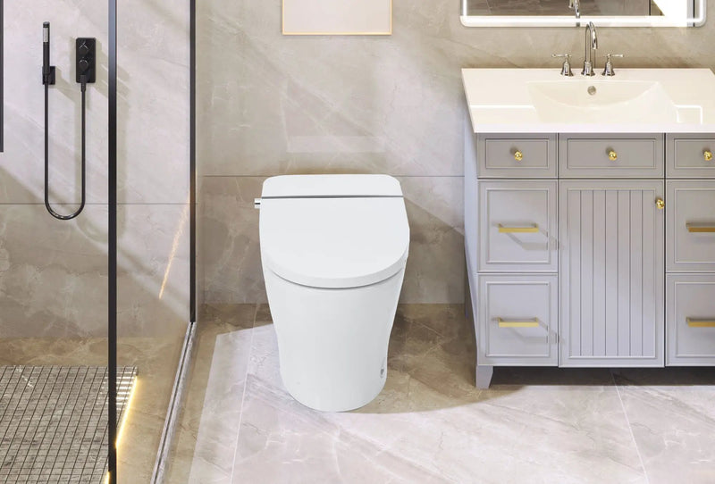 Smart Toilet Bidet Combo With Self-Cleaning Nozzle, Upmarket Compact Dual Flush Toilet 1 / 1.28 Gpf, Tank Less Toilet With Foot Sensor Flush - White Night Light by HouseOfZazla