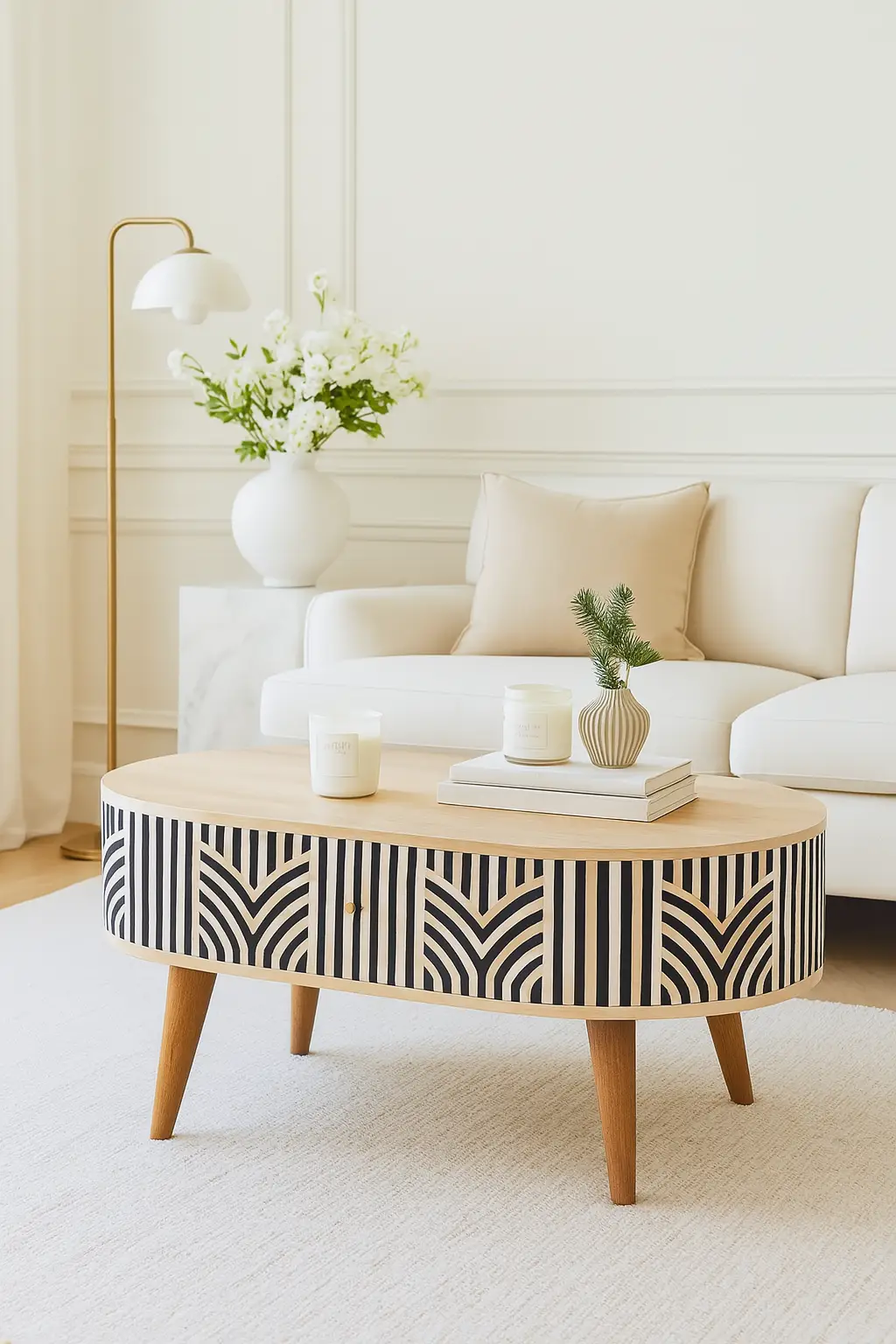 Edessa Bone Inlay Coffee Table, 2-Drawers, Nordic Legs by HouseOfZazla