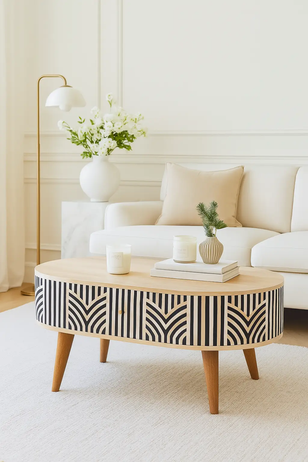 Edessa Bone Inlay Coffee Table, 2-Drawers, Nordic Legs