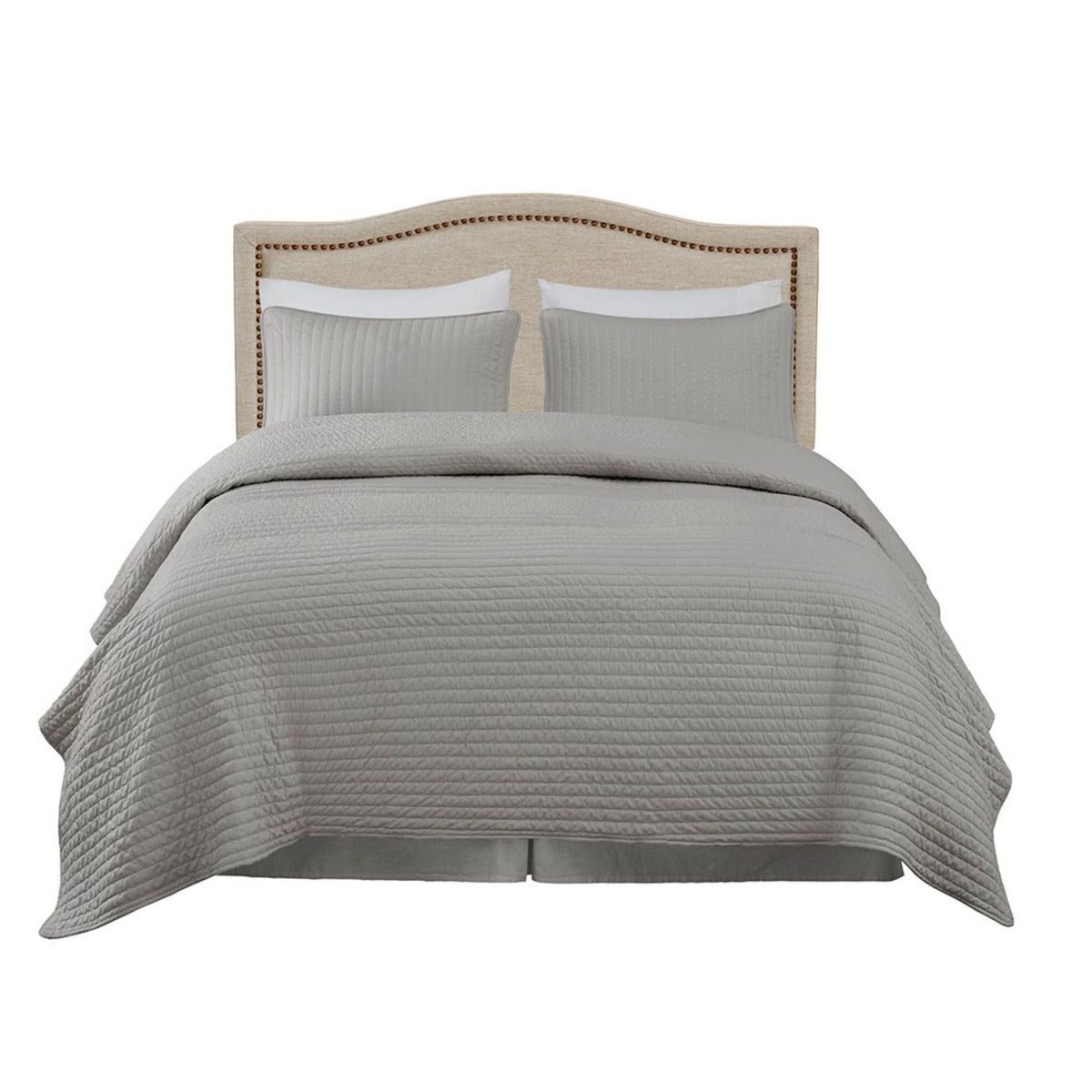 Light Brown Panel Upholstered Headboard with Copper Nailheads – Adjustable Metal Legs, photo 5 of 6